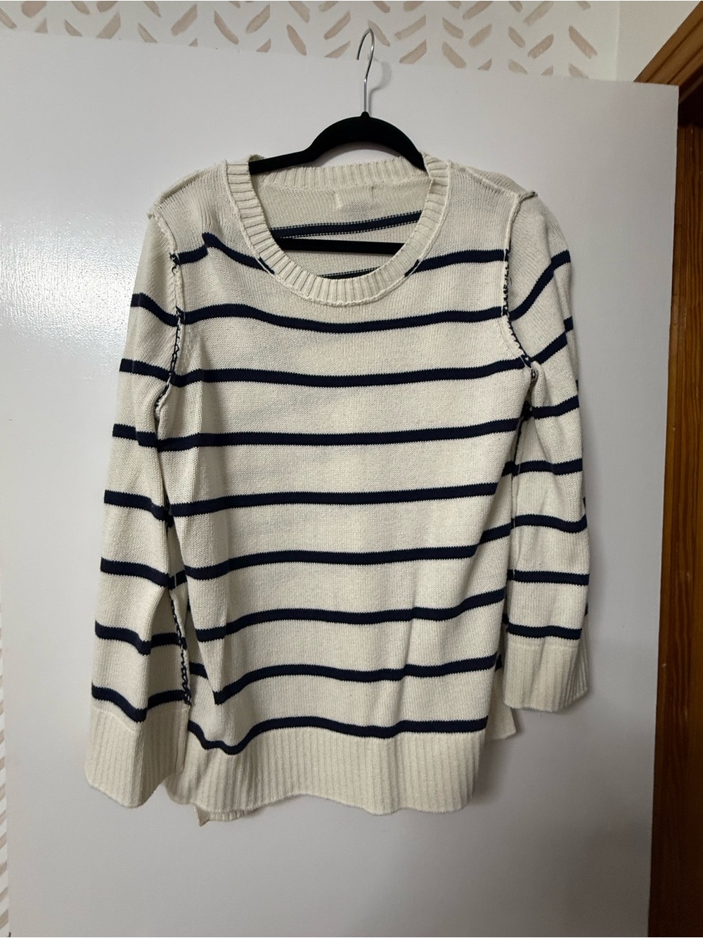 Old Navy Cream and Navy Striped Crewneck Sweater
